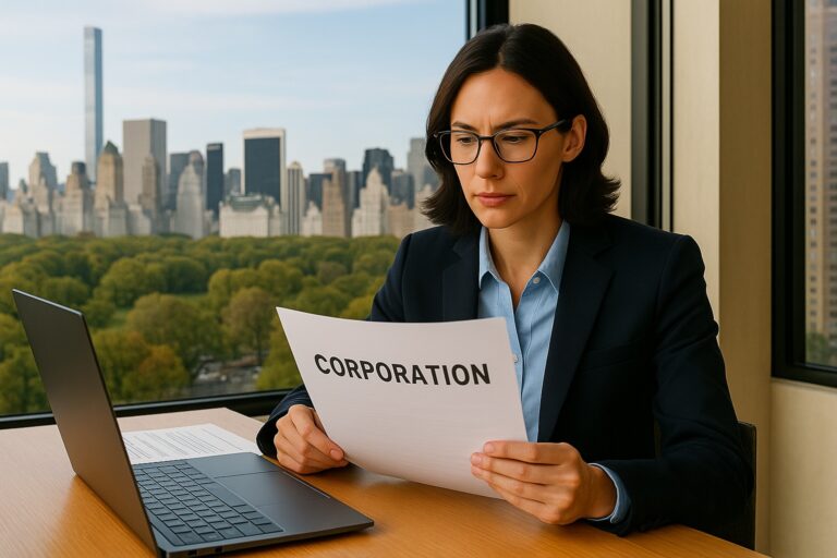 A slender, attractive, gender-neutral business professional reviews corporation formation paperwork at a Manhattan office desk with Central Park visible through large windows.