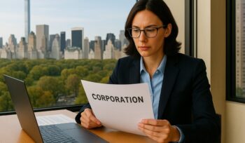 A slender, attractive, gender-neutral business professional reviews corporation formation paperwork at a Manhattan office desk with Central Park visible through large windows.
