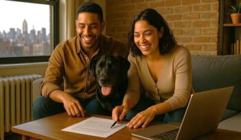 Hispanic couple with black Labrador reviewing paperwork in a bright NYC apartment living room