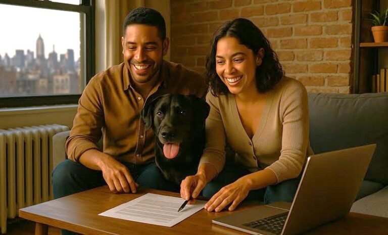 Hispanic couple with black Labrador reviewing paperwork in a bright NYC apartment living room
