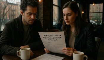 A man and woman sit in a warm, brick-walled Upper West Side coffee shop, reviewing paperwork titled “The Complete Guide to Separation Agreements in New York,” with coffee mugs and soft daylight through large windows.