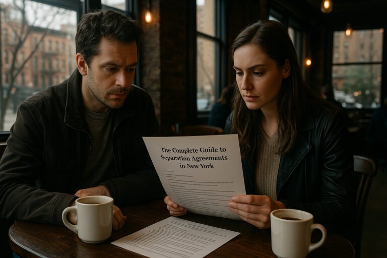 A man and woman sit in a warm, brick-walled Upper West Side coffee shop, reviewing paperwork titled “The Complete Guide to Separation Agreements in New York,” with coffee mugs and soft daylight through large windows.