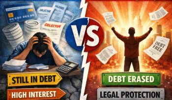 Debt consolidation vs Chapter 7 bankruptcy comparison showing stressed borrower still in debt versus debt-free fresh start with legal protection