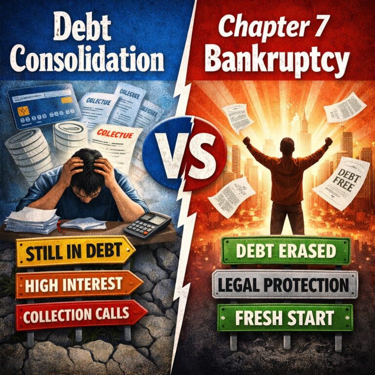 Debt consolidation vs Chapter 7 bankruptcy comparison showing stressed borrower still in debt versus debt-free fresh start with legal protection